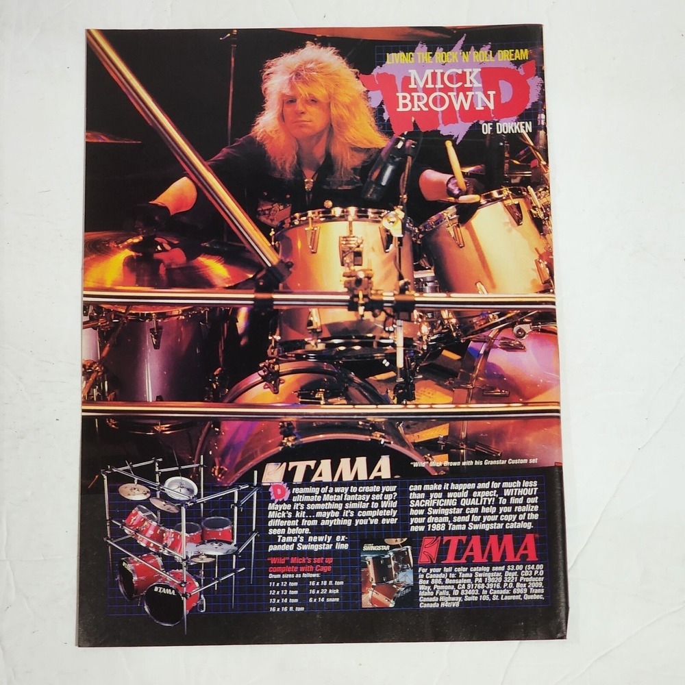 Vintage 1988 Tama Drums Print Ad Mick Brown Dokken Granstar Set Clipping 8x10